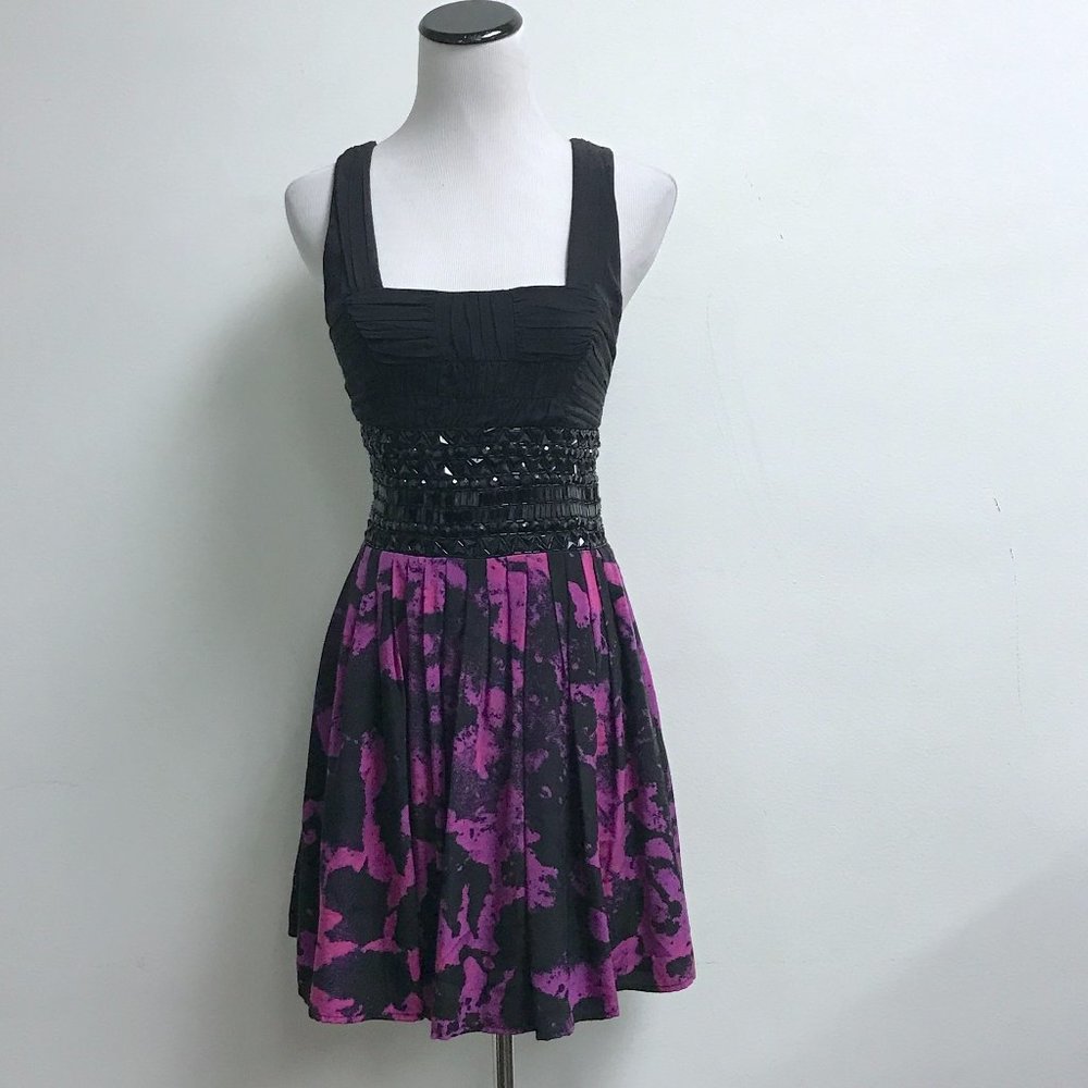 Bebe black purple silk beaded ruched party dress XS sleeveless